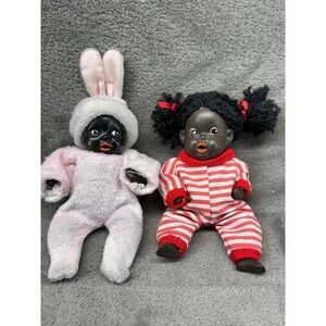 Two Vintage Black Baby Dolls Bunny Outfit Red Stripe Outfit Collectible Toys‎
